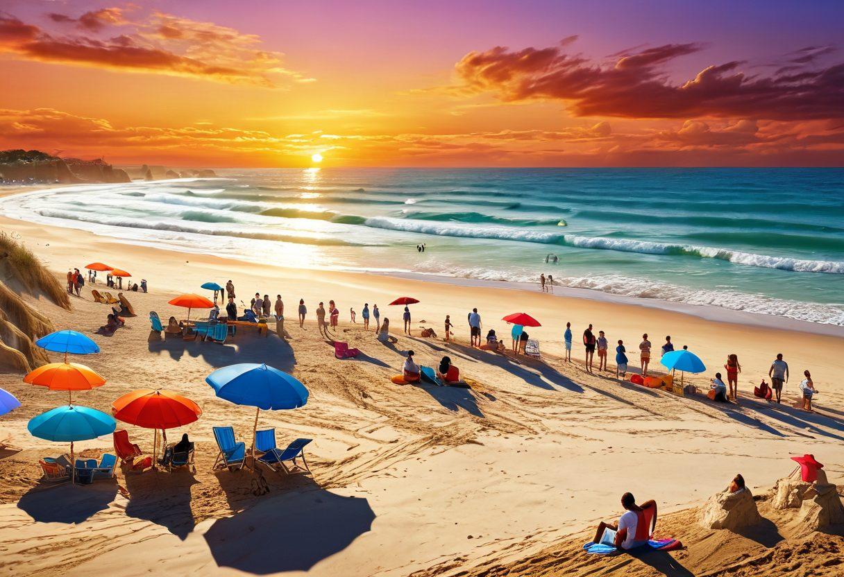 A vibrant coastal scene featuring a diverse group of people expressing their unique beach fashion, surrounded by colorful beach umbrellas and artful sand sculptures. The background illustrates a stunning sunset reflecting over gentle waves, while the foreground showcases splashes of paint representing emotions associated with beach culture. Emphasize creativity and connection with nature. super-realistic. vibrant colors. 3D.